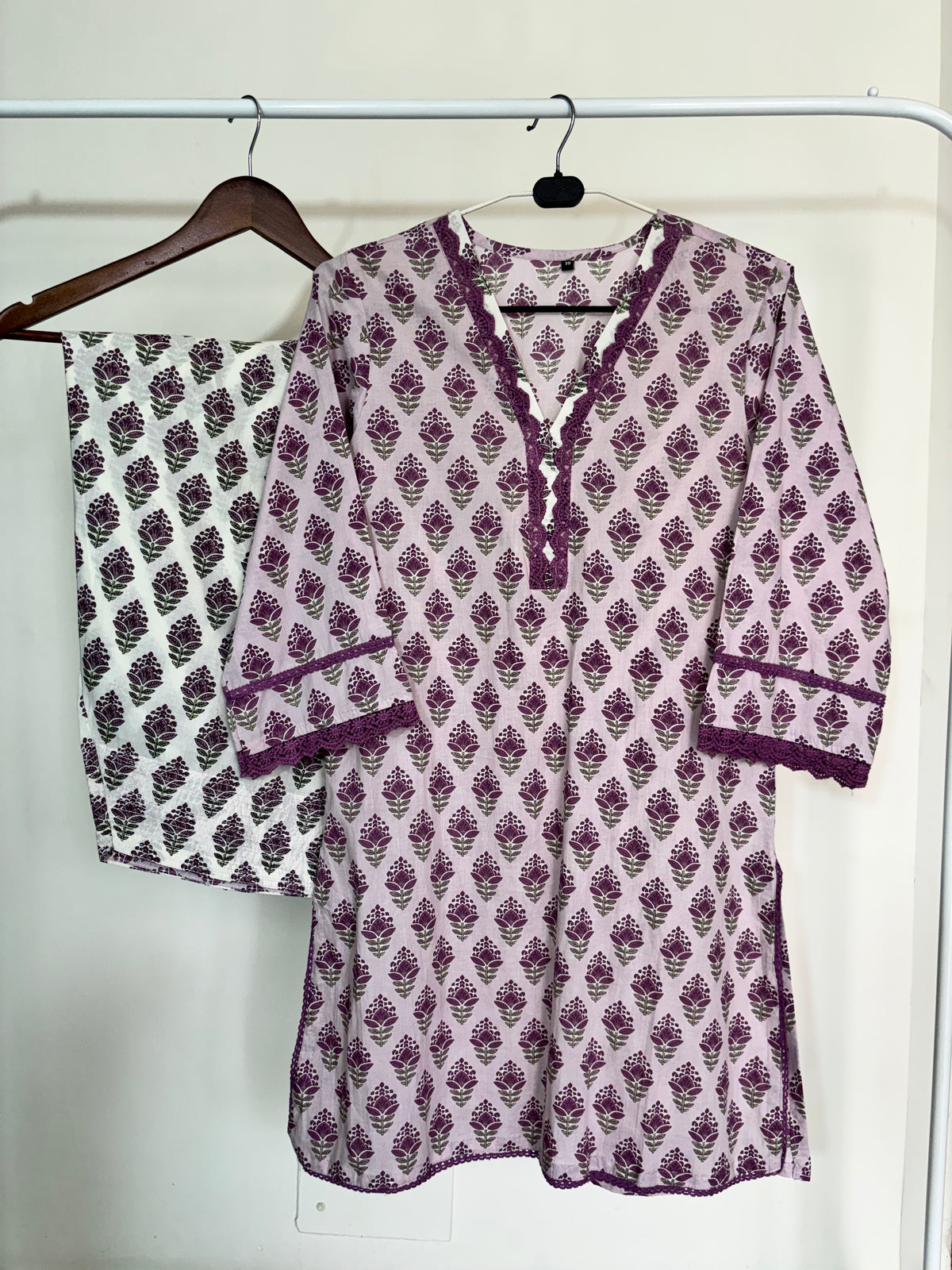 Lilac & Ivory Floral Printed Cotton Farshi Salwar Suit Set