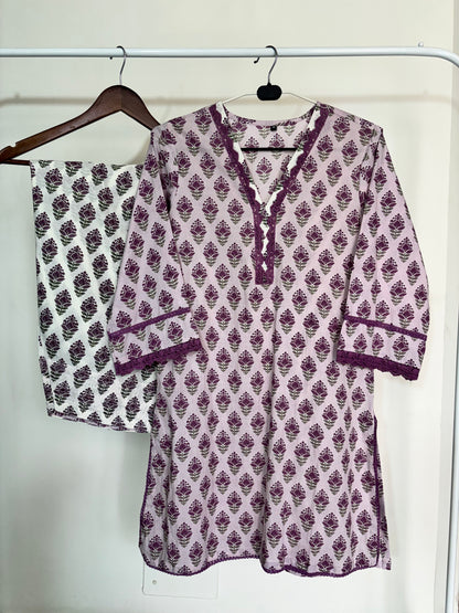 Lilac & Ivory Floral Printed Cotton Farshi Salwar Suit Set