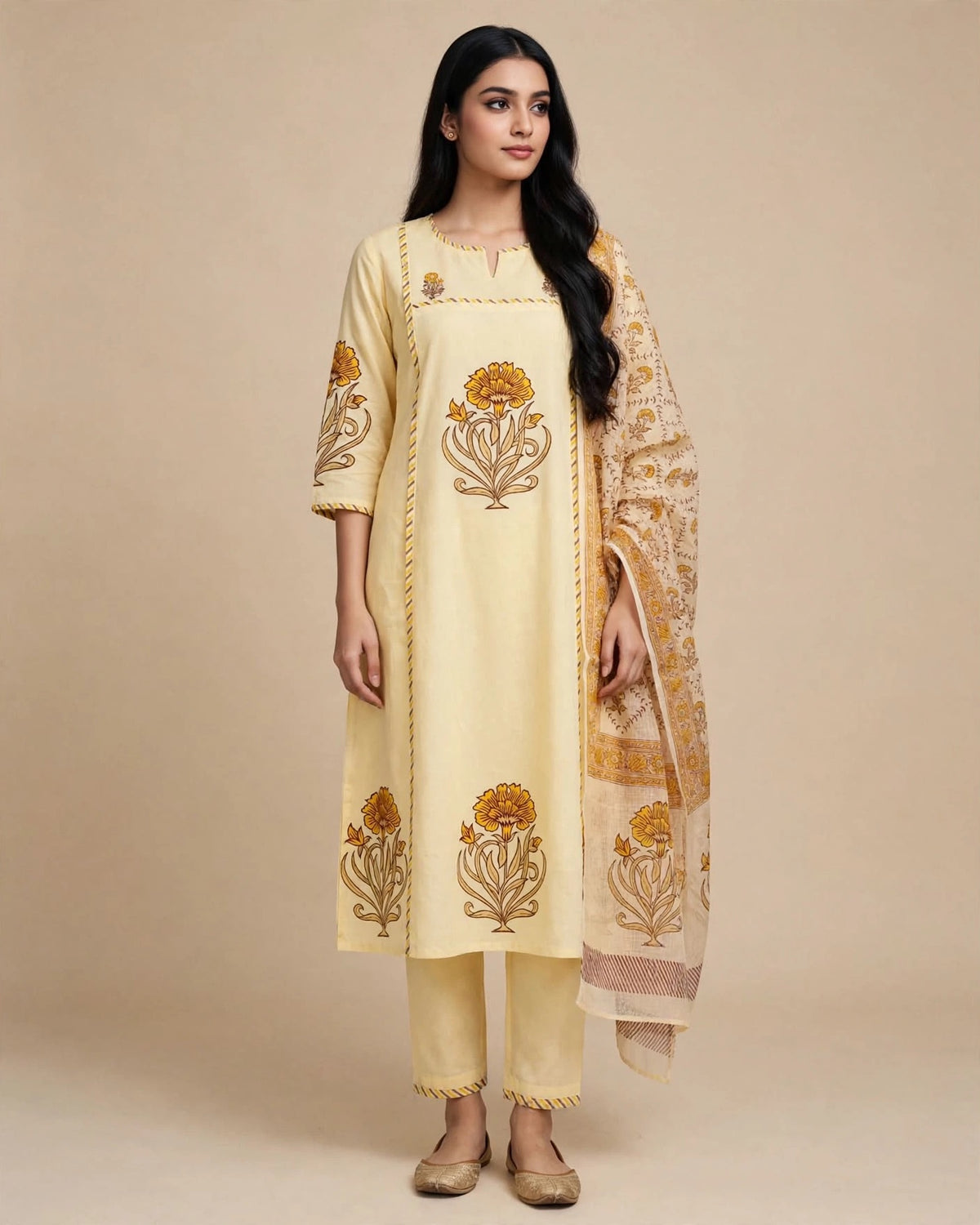 Butter Yellow Floral Block Printed Cotton Suit Set