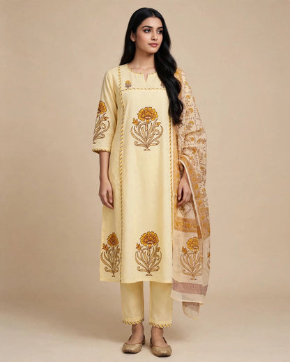 Butter Yellow Floral Block Printed Cotton Suit Set