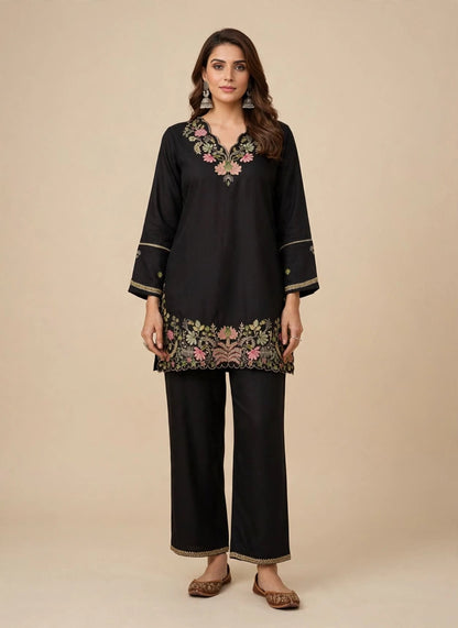 Black Floral Embroidered Rayon Co-ord Set