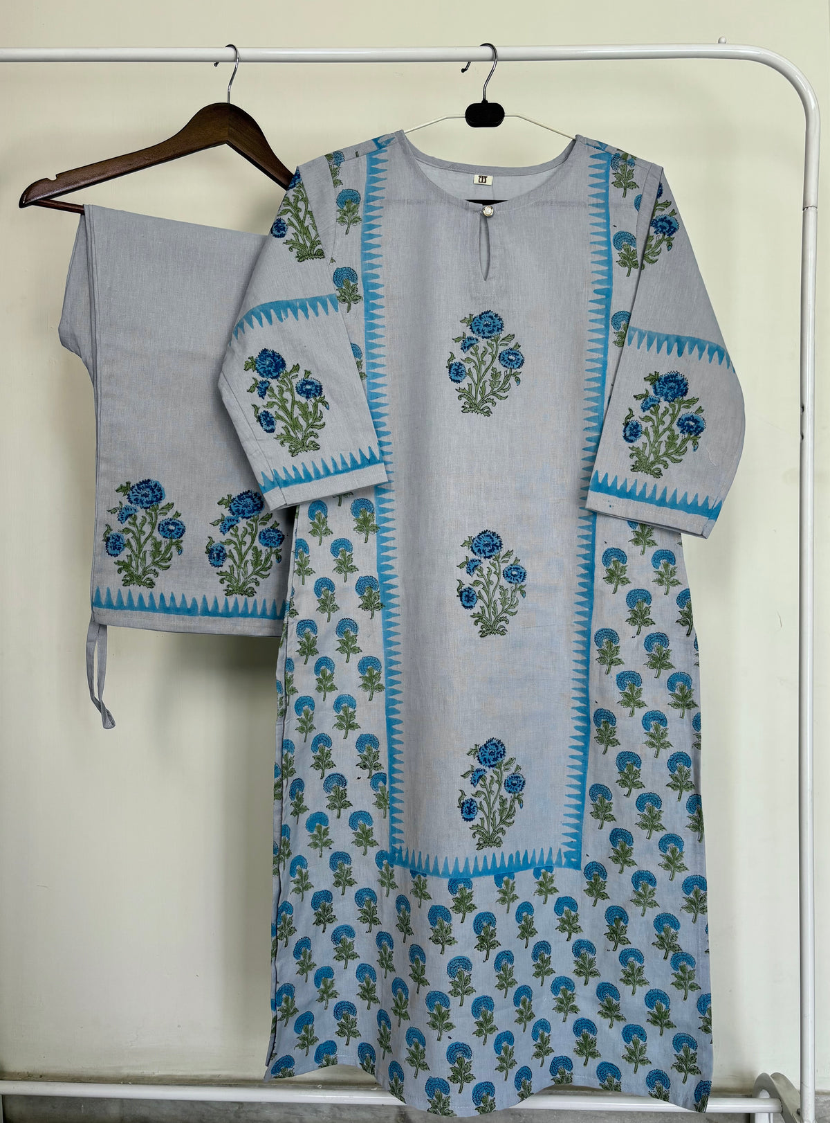 Blue Khadi Cotton Hand Block Printed 2pc Set