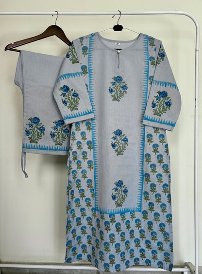 Blue Khadi Cotton Hand Block Printed 2pc Set