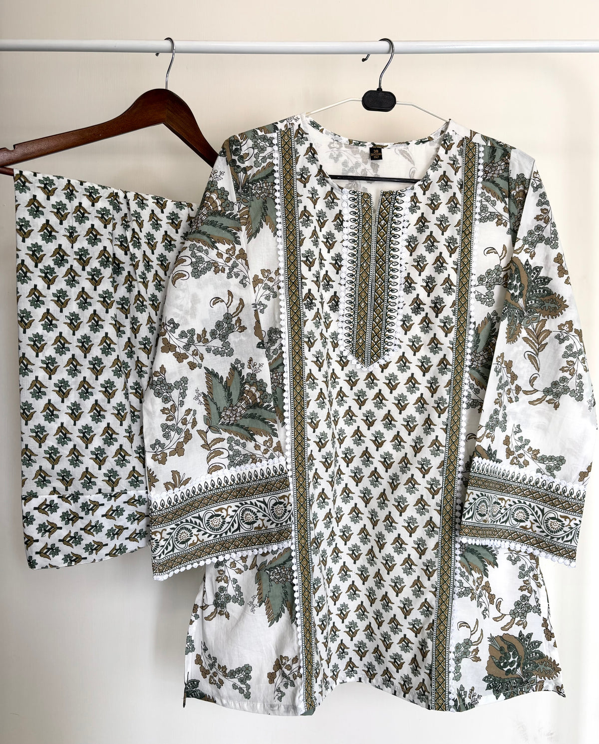 White & Olive Green Printed Cotton Farshi Suit Set