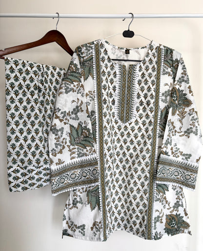 White & Olive Green Printed Cotton Farshi Suit Set