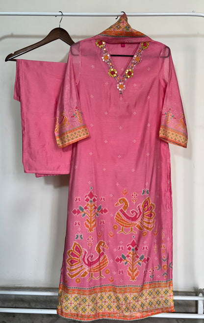 Pink Printed Mul Chanderi Mirror Work Suit Set with Palazzo