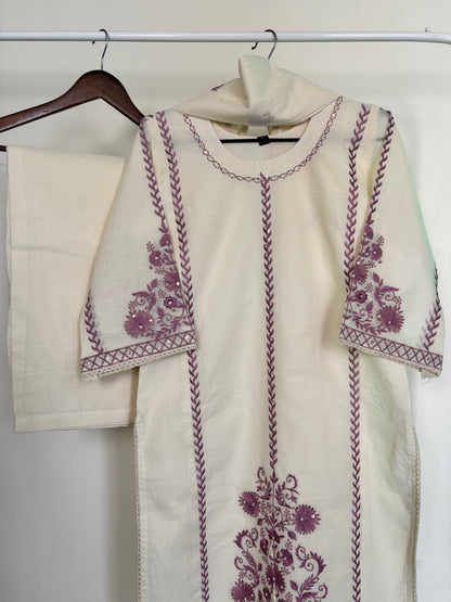 Off-White & Lavender Embroidered Pure Cotton Suit Set with Palazzo