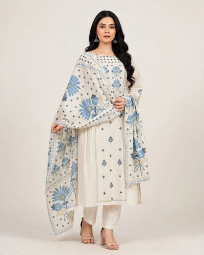 Off-White & Blue Floral Linen Cotton Suit Set