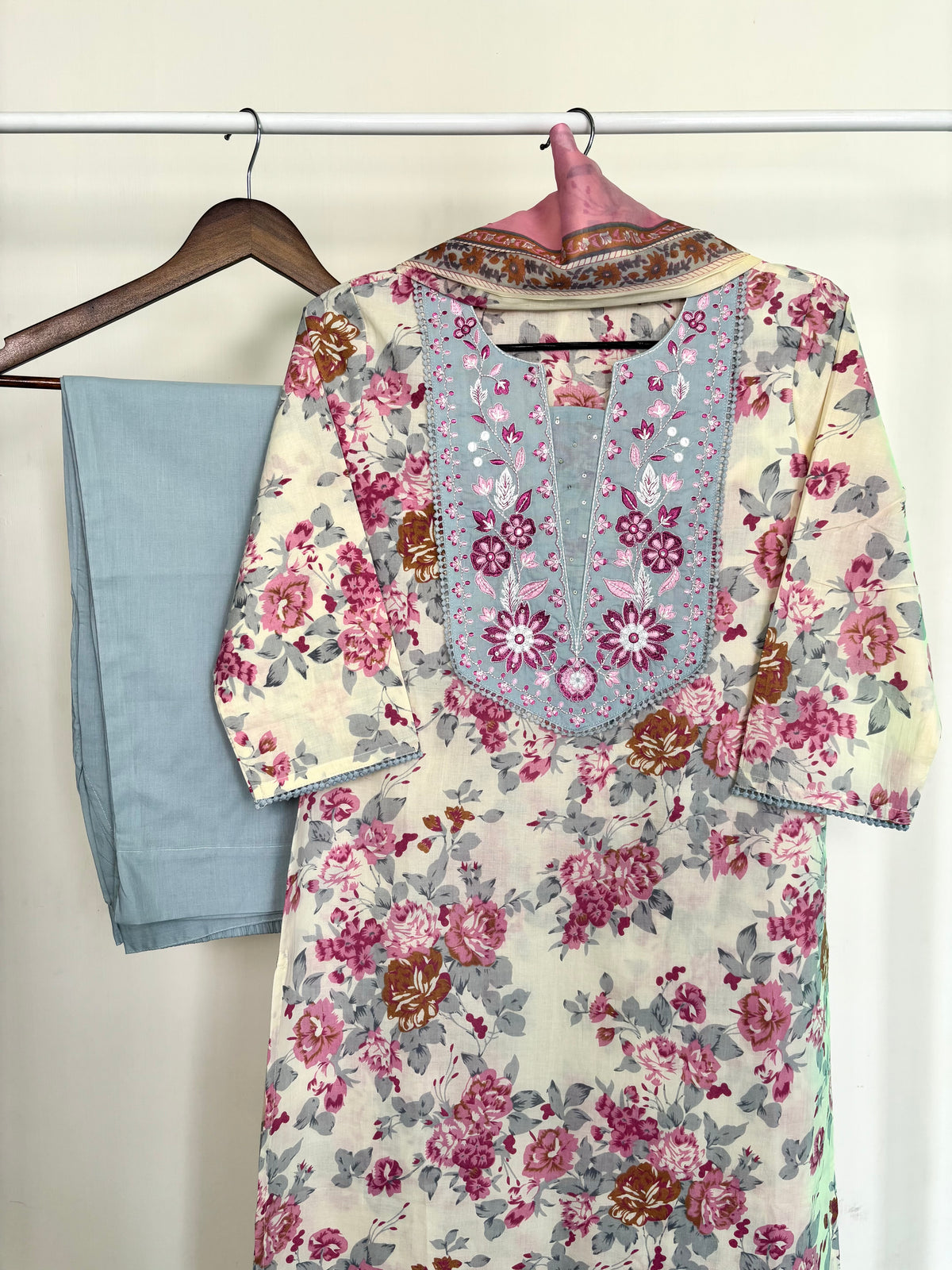 Cream & Powder Blue Pure Cotton Floral Print Suit Set