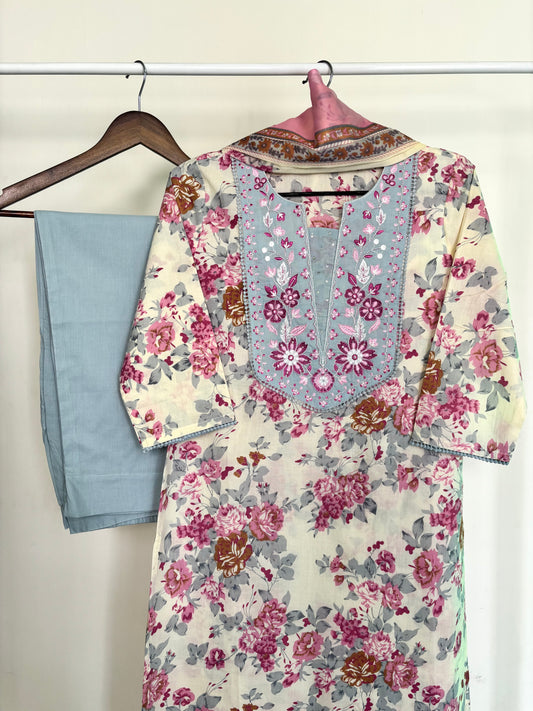 Cream & Powder Blue Pure Cotton Floral Print Suit Set