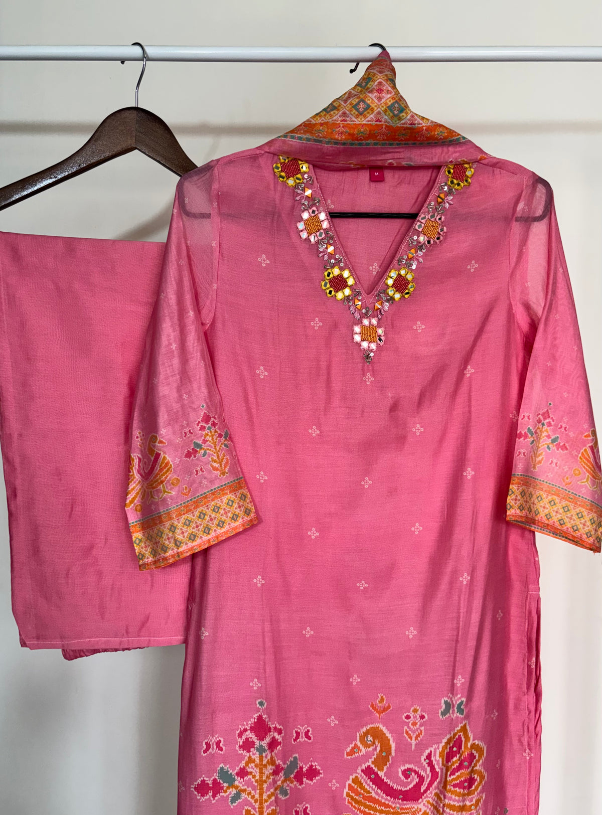 Pink Printed Mul Chanderi Mirror Work Suit Set with Palazzo