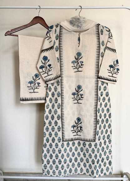 Off-White & Grey Block Printed Khadi Cotton Suit Set
