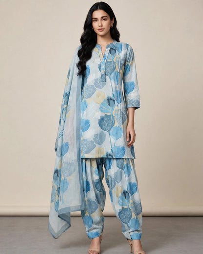 Sky Blue Floral Printed Farshi Salwar Suit Set