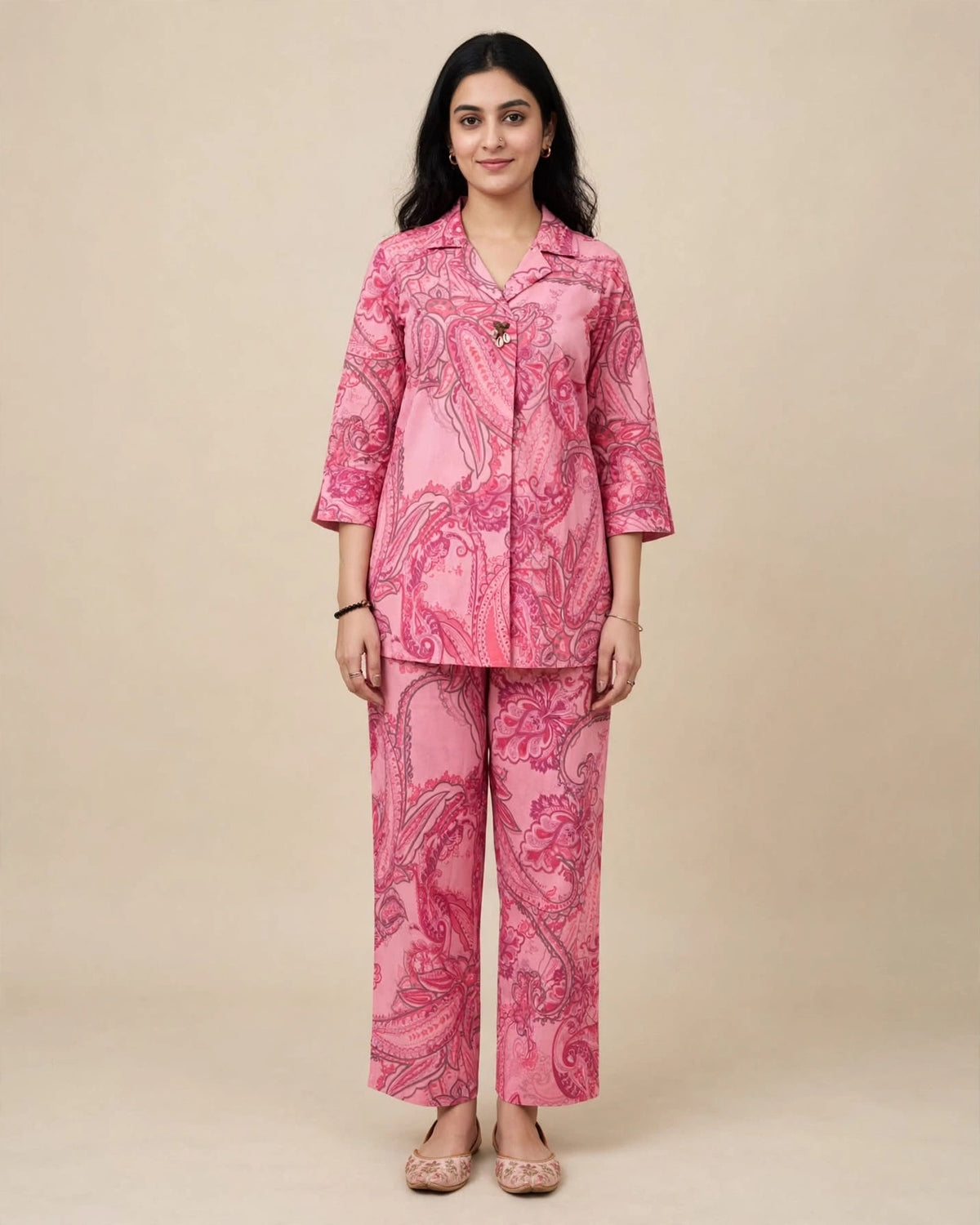 Pink Khadi Cotton Paisley Printed Co-ord Set