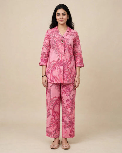 Pink Khadi Cotton Paisley Printed Co-ord Set