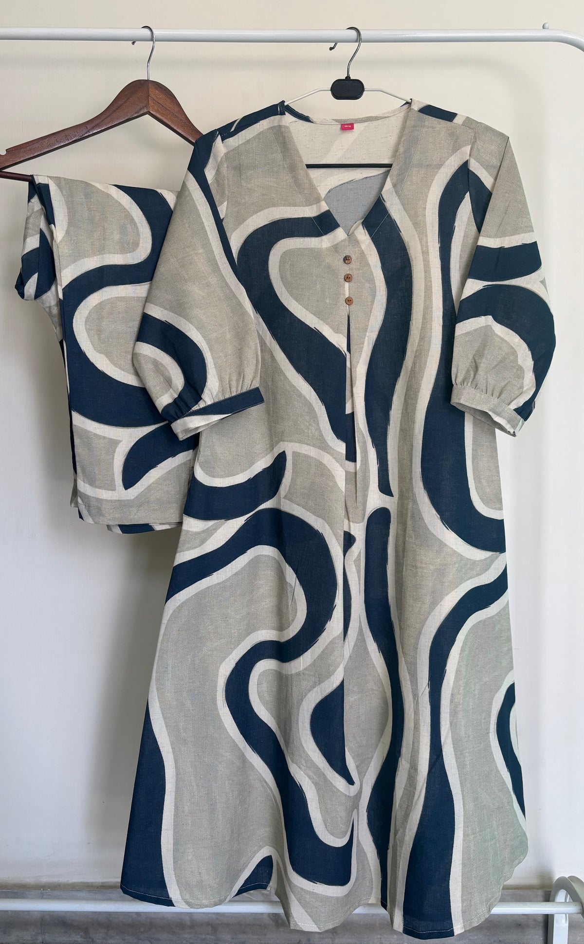 Grey & Teal Abstract Khadi Cotton 2pc Kurta Set