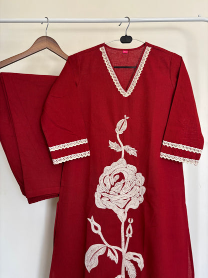 Deep Crimson Red Khadi Cotton Kurta Set