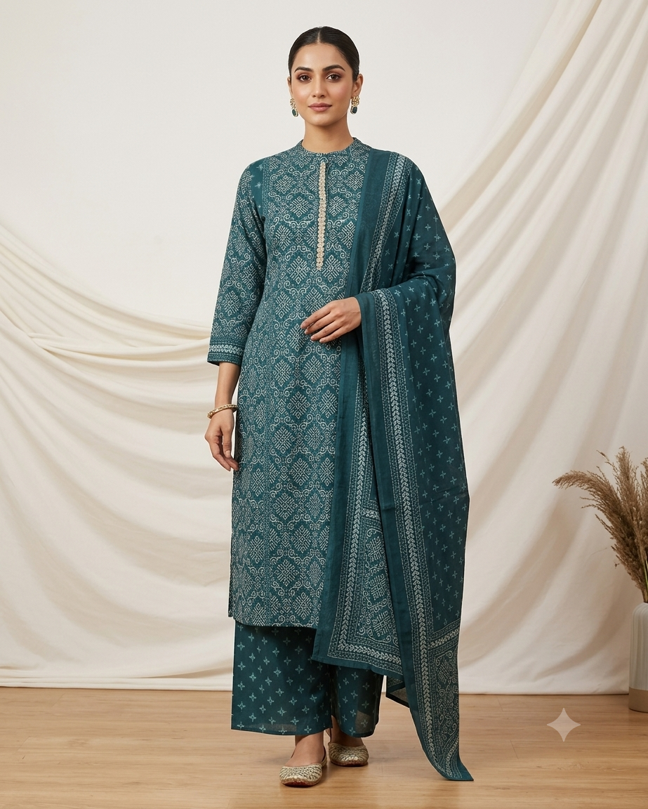 Rama Green Printed Pure Cotton A-Line Suit Set with Palazzo