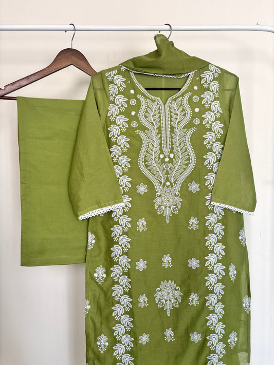 Leaf Green Mul Cotton Embroidered Suit Set