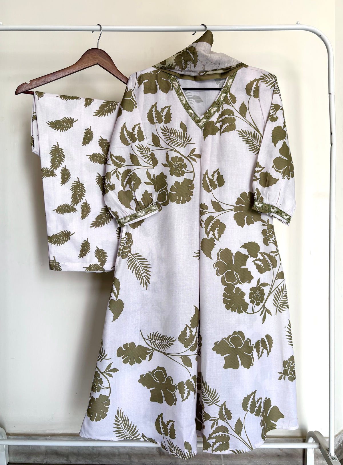 Olive Green & White Botanical Print Rayon Cotton Suit Set