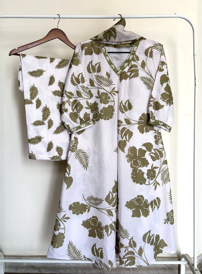 Olive Green & White Botanical Print Rayon Cotton Suit Set