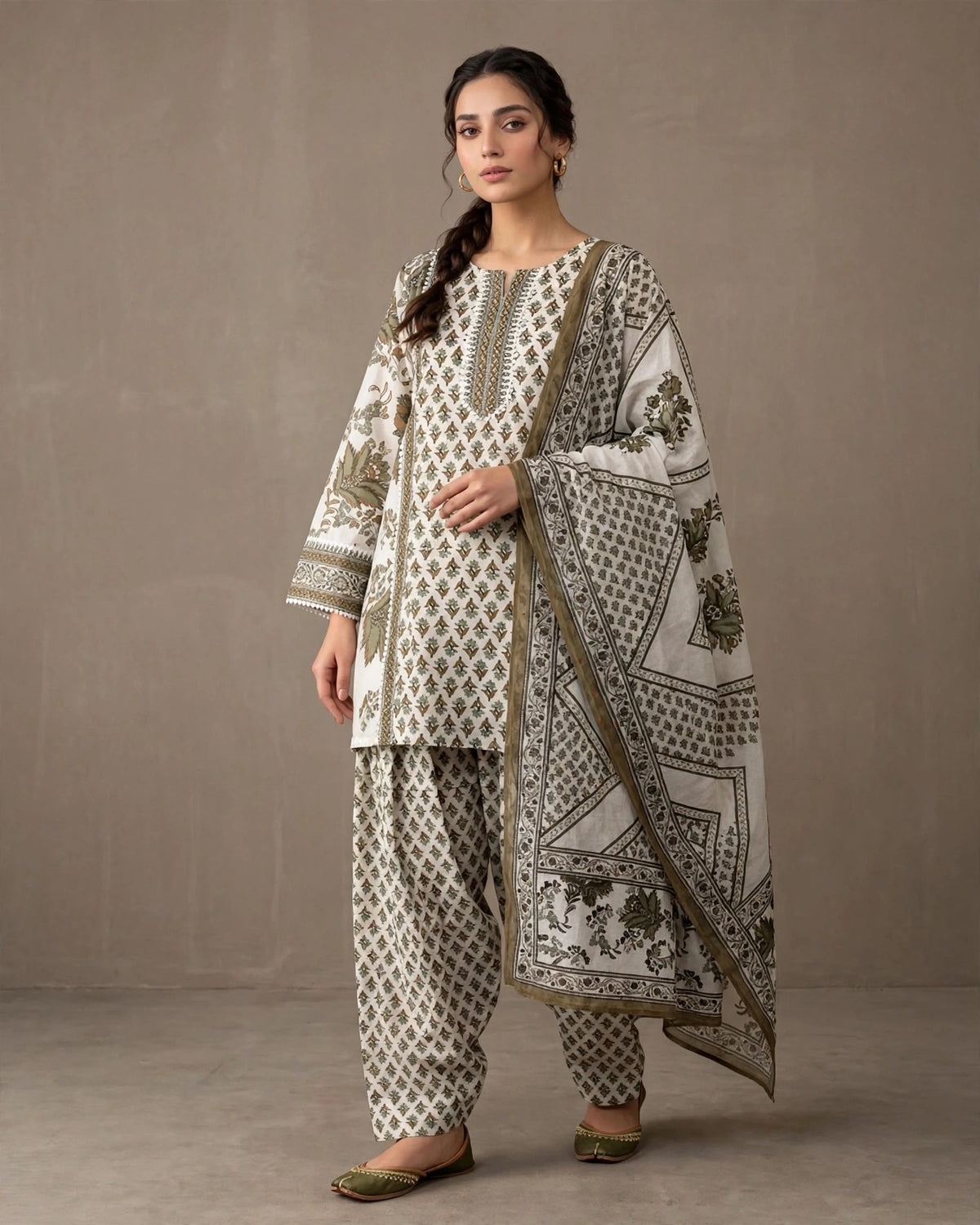 White & Olive Green Printed Cotton Farshi Suit Set