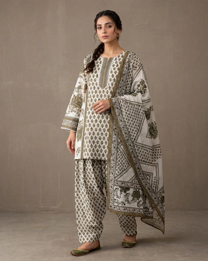 White & Olive Green Printed Cotton Farshi Suit Set