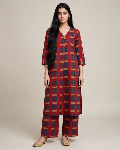 Brick Red Abstract Printed Cotton Kurta Palazzo Set