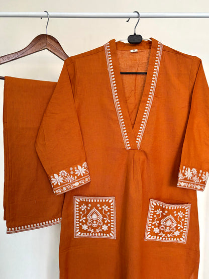 Rust Orange Khadi Cotton Embroidered 2pc Kurta Pant Set