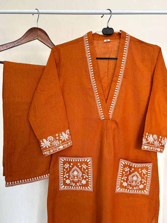 Rust Orange Khadi Cotton Embroidered 2pc Kurta Pant Set