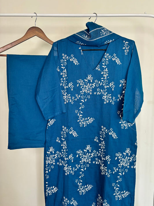 Dark Blue Mul Cotton Embroidered Suit Set