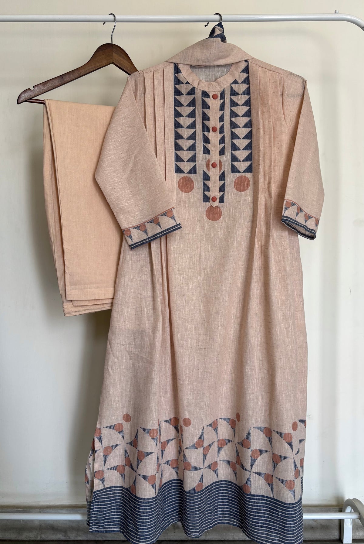 Peach & Indigo Linen Cotton Geometric Printed Suit Set