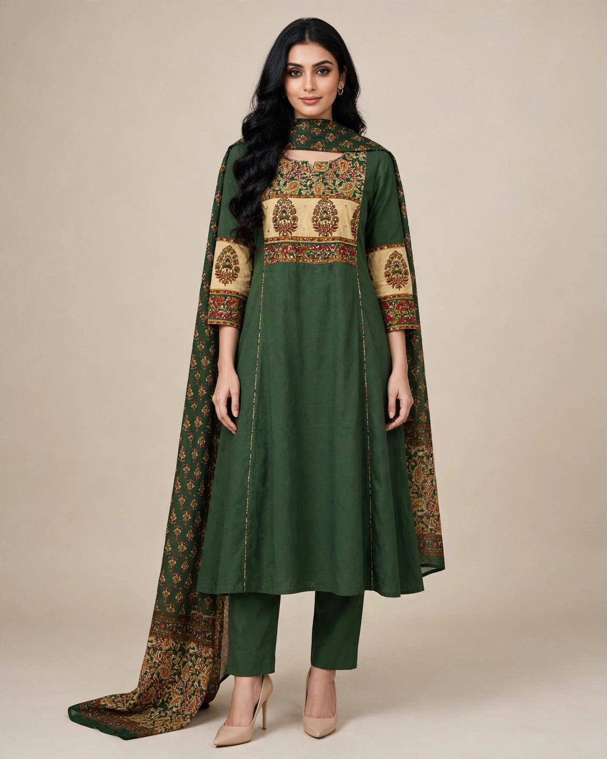 Dark Green Pure Cotton Kalamkari Print A-Line Suit Set