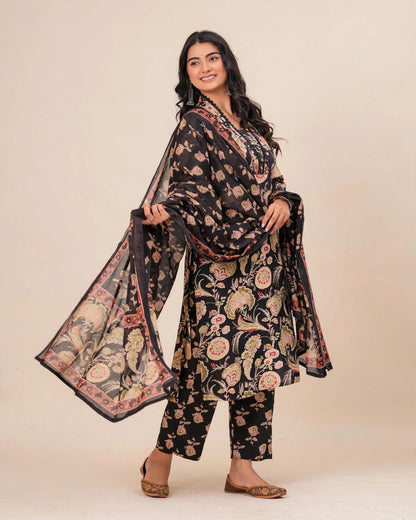 Black Kalamkari Floral Printed Cotton Suit Set