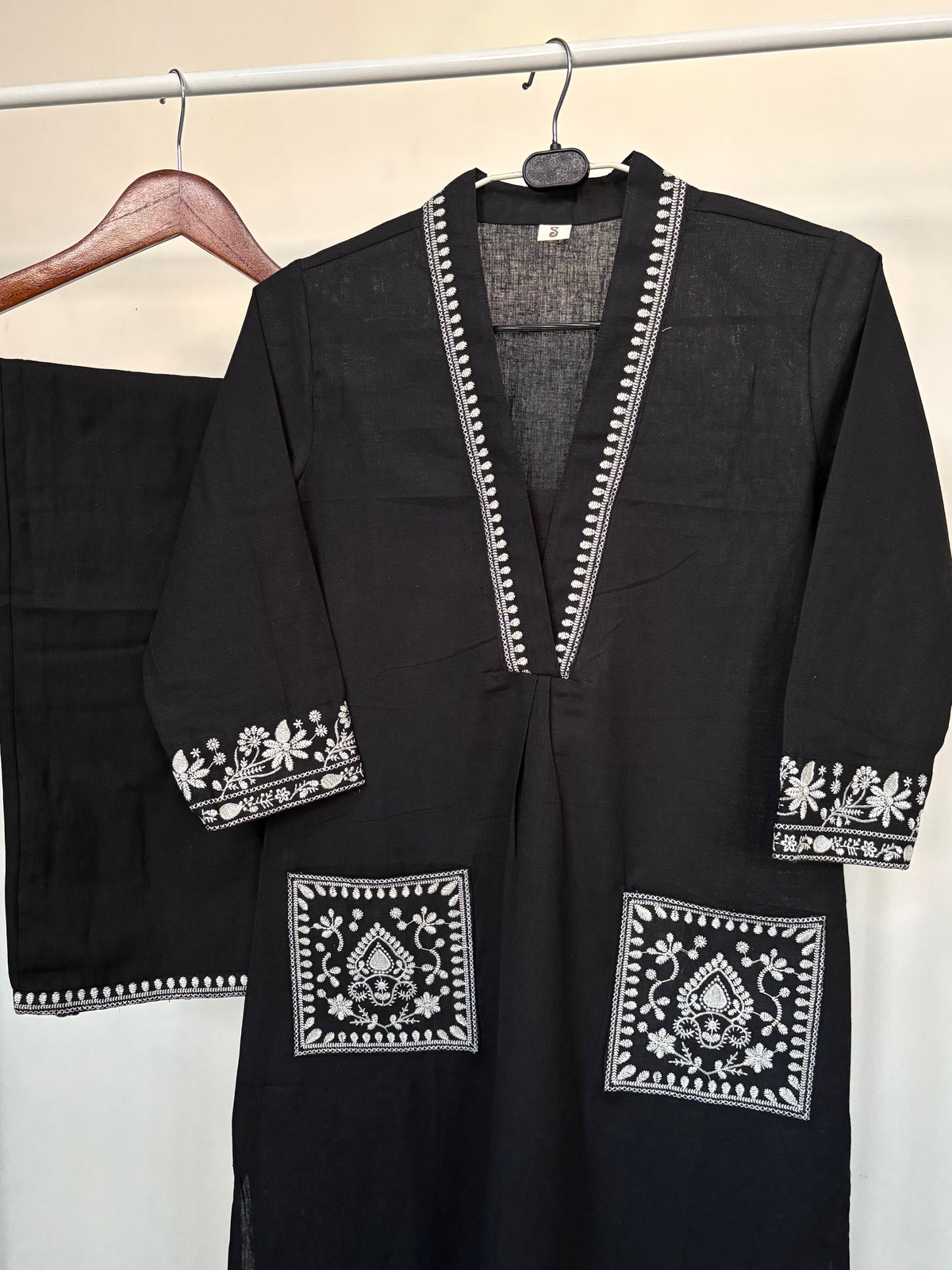Black Khadi Cotton Embroidered 2pc Kurta Pant Set