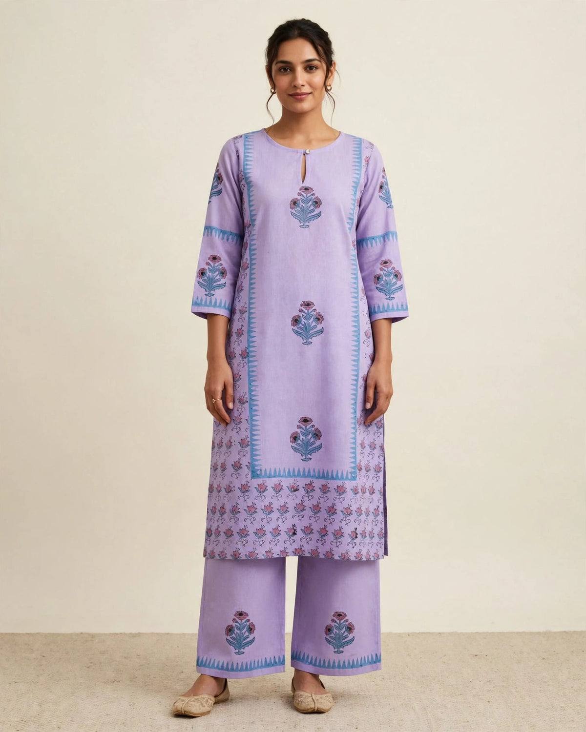 Lavender Khadi Cotton Hand Block Printed 2pc Set