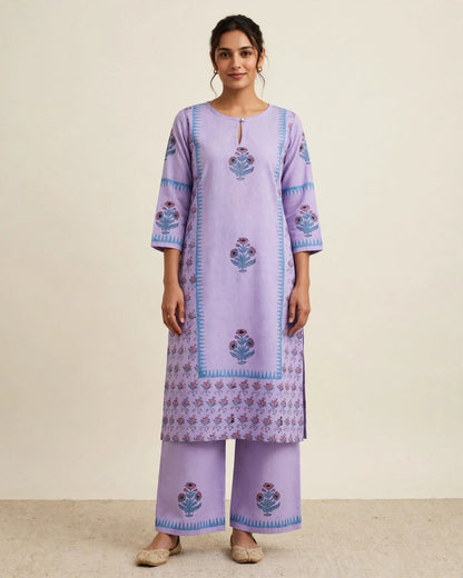 Lavender Khadi Cotton Hand Block Printed 2pc Set