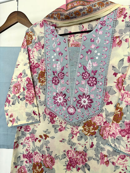 Cream & Powder Blue Pure Cotton Floral Print Suit Set