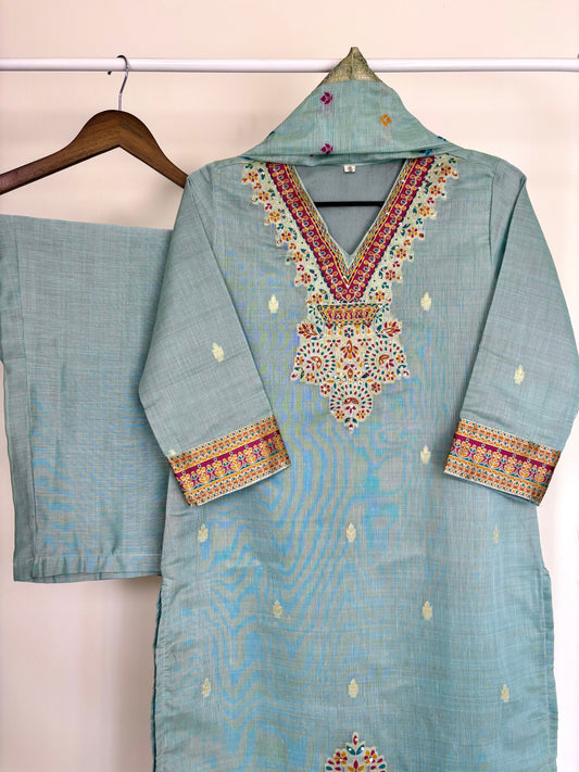Powder Blue Jamdani Silk Woven Suit Set