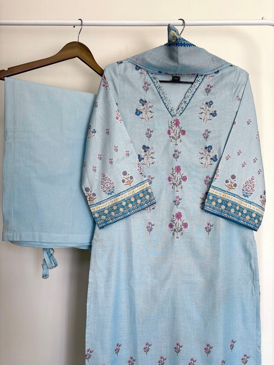 Sky Blue Floral Printed Linen Cotton Suit Set