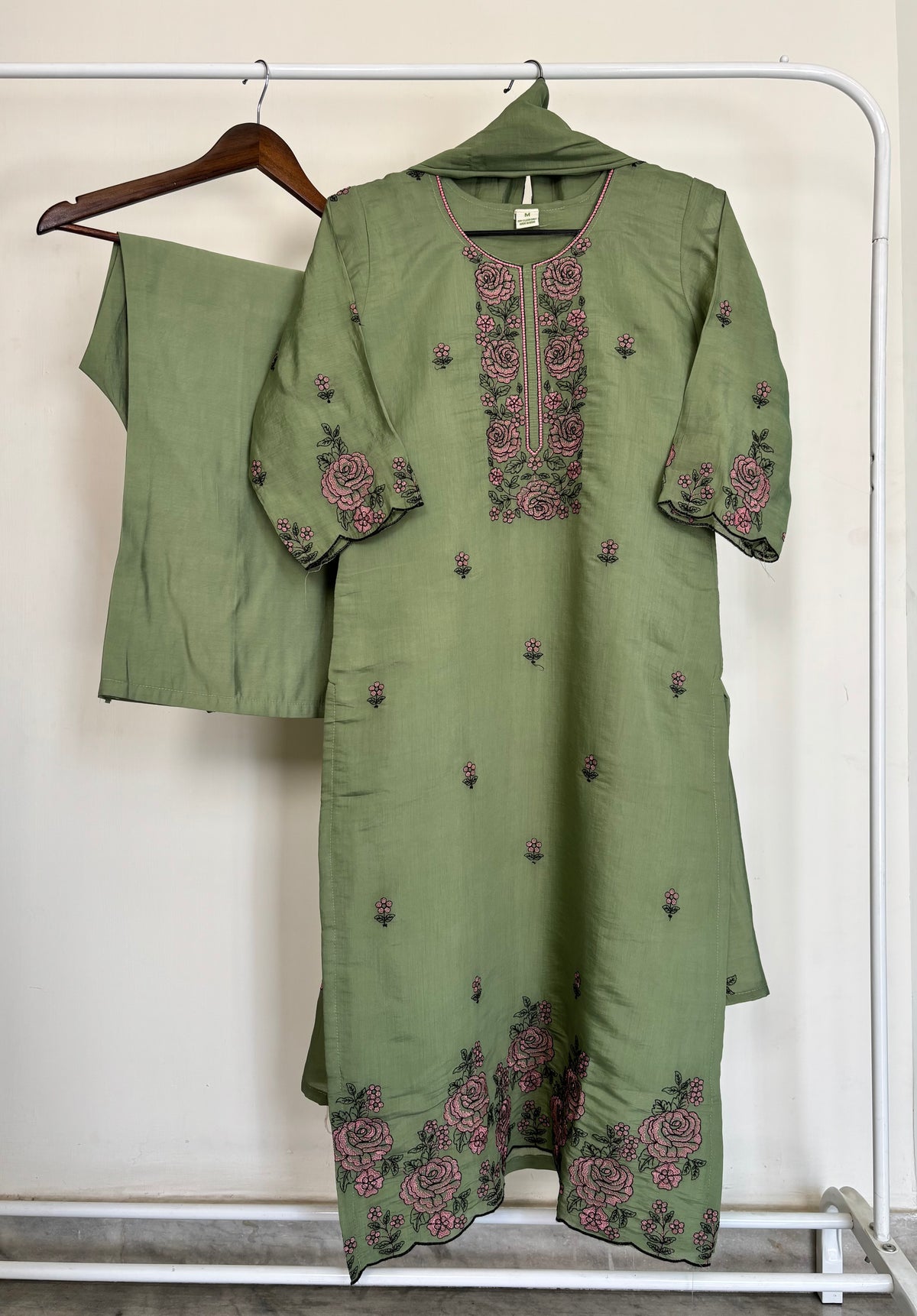 Sage Green Mul Chanderi Embroidered Suit Set