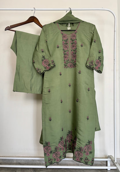 Sage Green Mul Chanderi Embroidered Suit Set