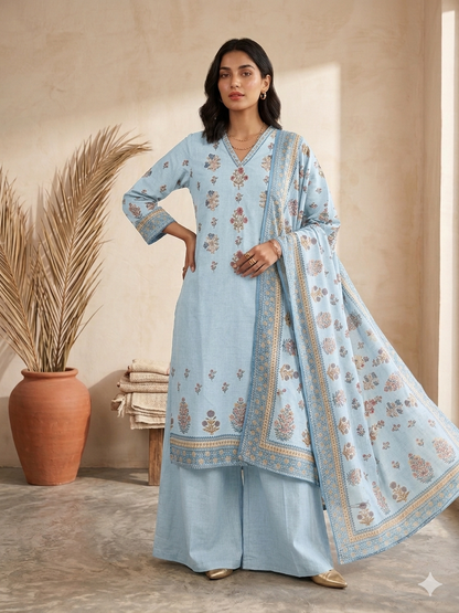 Sky Blue Floral Printed Linen Cotton Suit Set