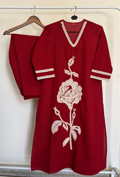 Deep Crimson Red Khadi Cotton Kurta Set