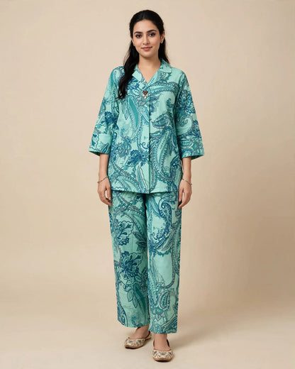Aqua Blue Khadi Cotton Paisley Printed Co-ord Set