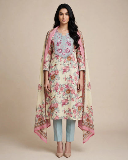 Cream & Powder Blue Pure Cotton Floral Print Suit Set