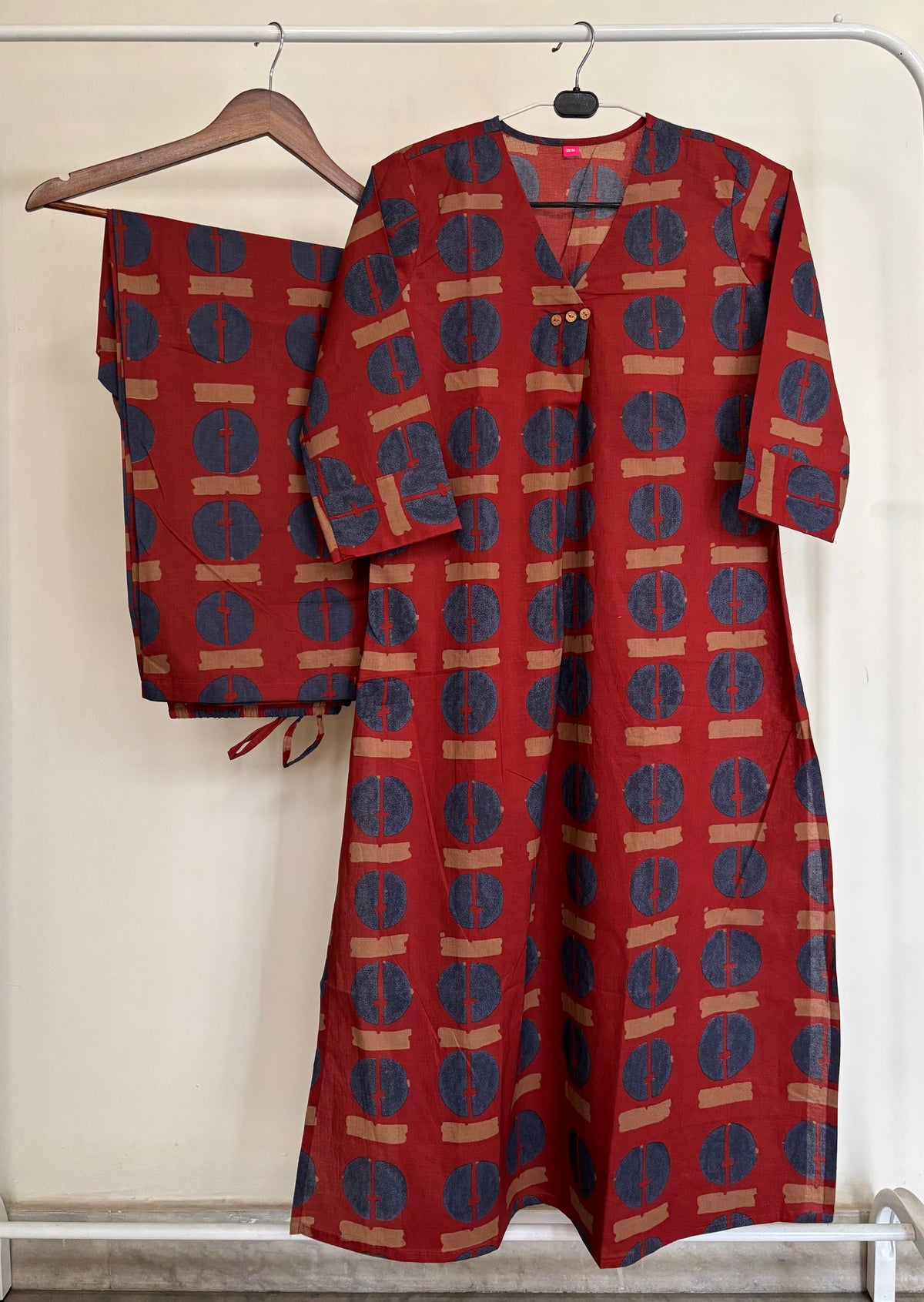 Brick Red Abstract Printed Cotton Kurta Palazzo Set