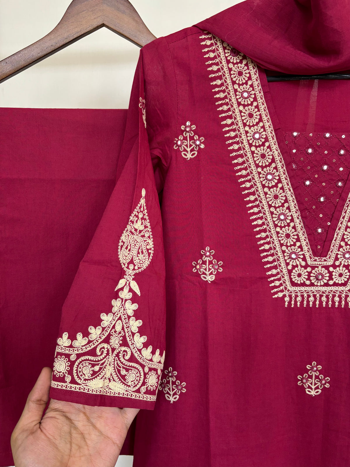 Magenta Pink Pure Cotton Dori Embroidered Suit Set