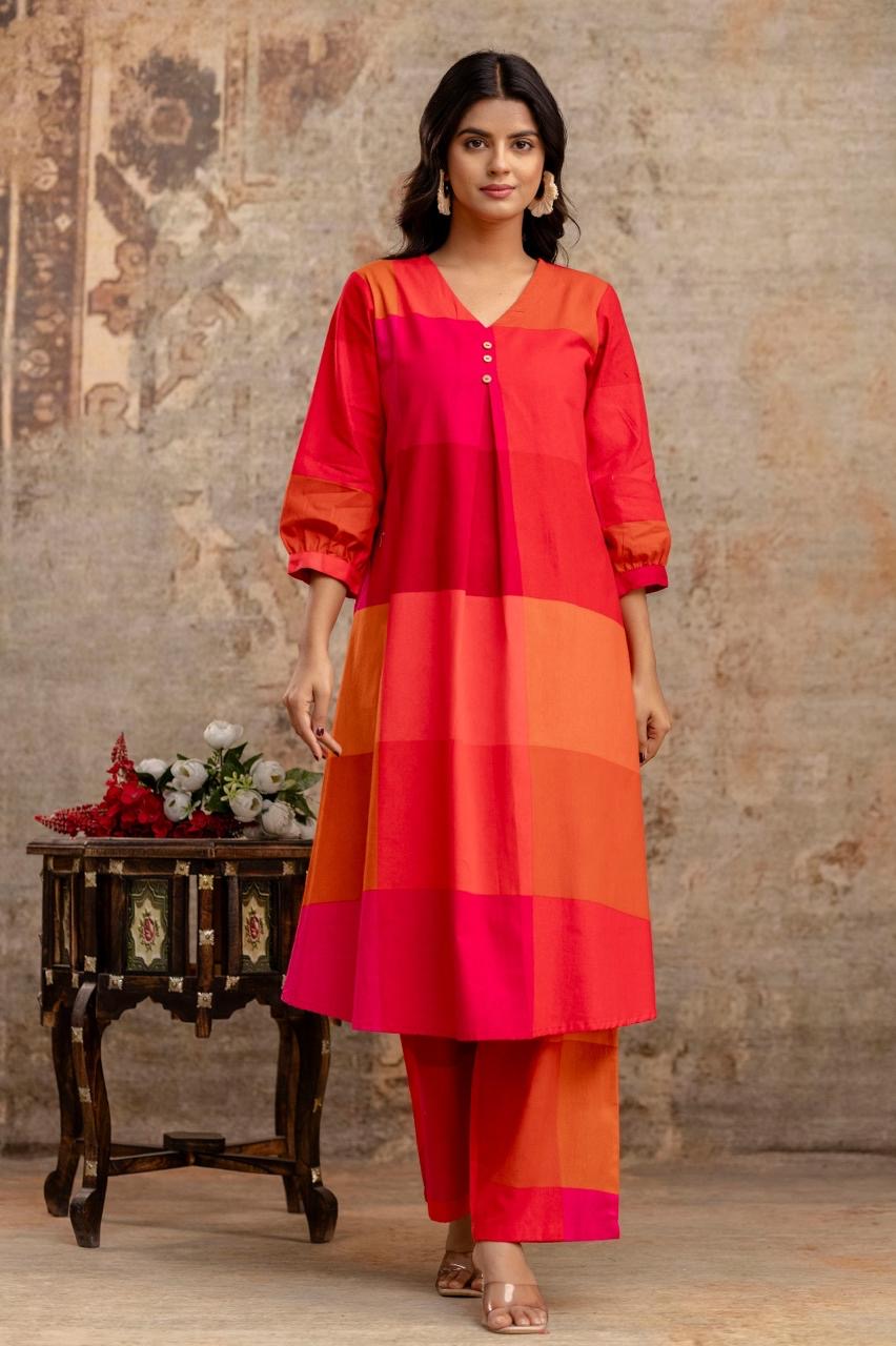 Hot Pink Abstract Checked Pure Cotton Kurta Set