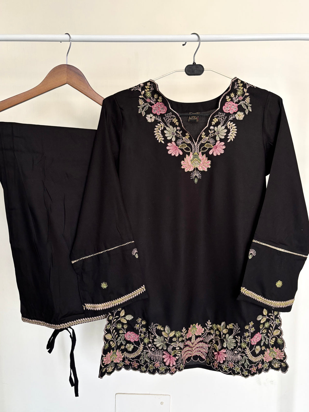 Black Floral Embroidered Rayon Co-ord Set